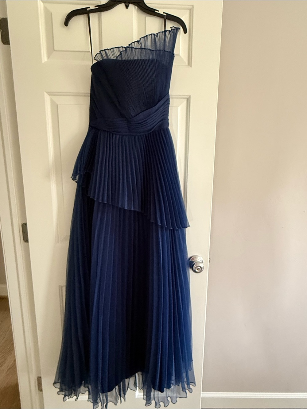 Theia Navy Asymmetrical sheer neckline, Strapless Pleated Chiffon Gown